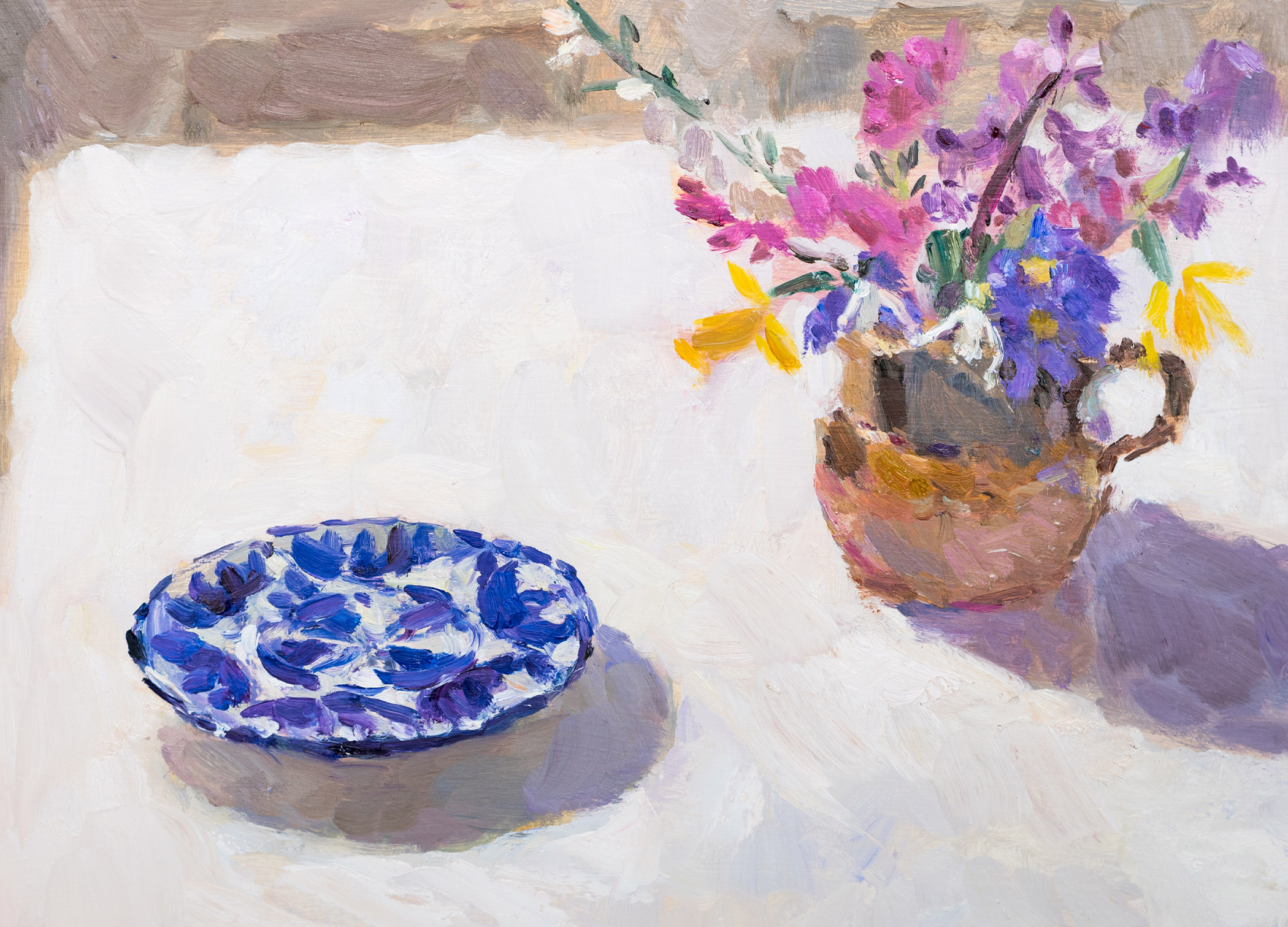 Spring Flowers with a Blue Patterned Plate