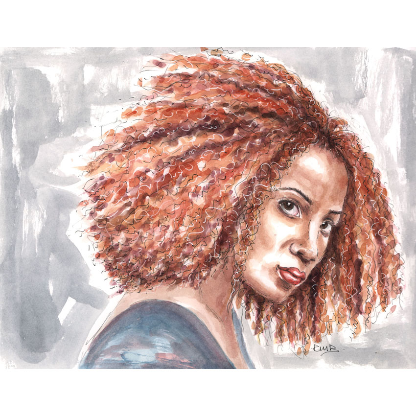 Watercolour, pencil & ink portrait illustration.