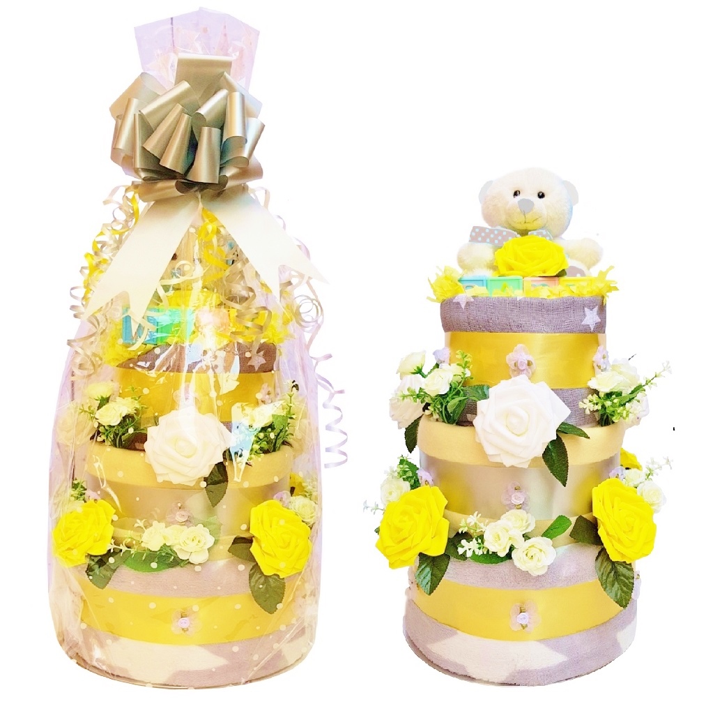 Beautiful Yellow & Grey Nappy Cake for a Girl or Boy