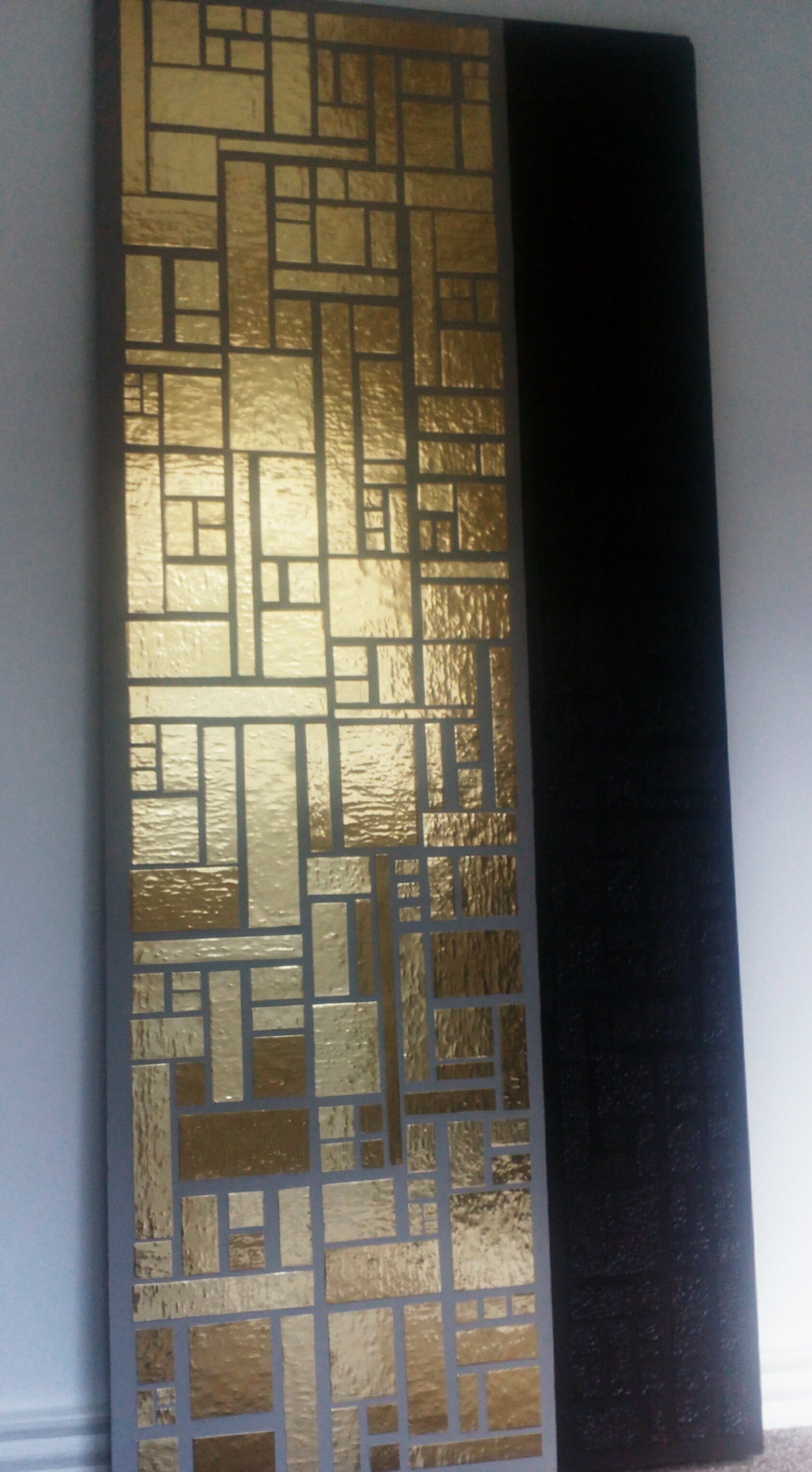 140 X 60 x 3 cm
Hammered gold & textured paper on wood