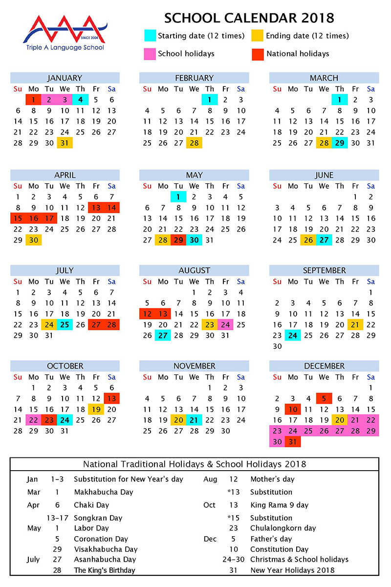 school calendar Starting date ǀ AAA Thai Language school