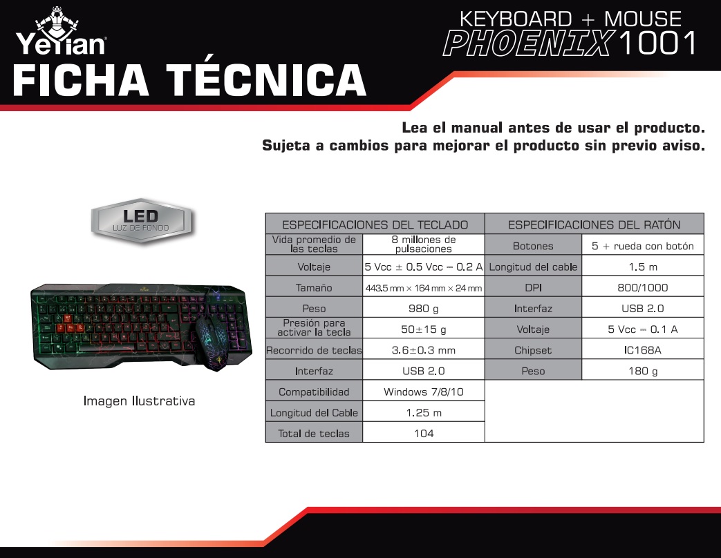 Kit de Teclado y Mouse USB Gaming YEYIAN Phoenix Serie 1001 2jpg