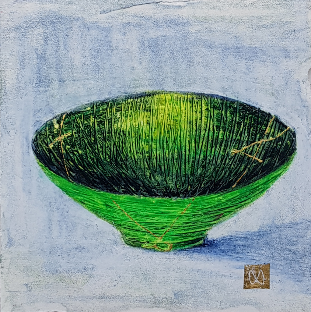 Painting of a green Summer tea bowl. Kintsugi repaired with gold.