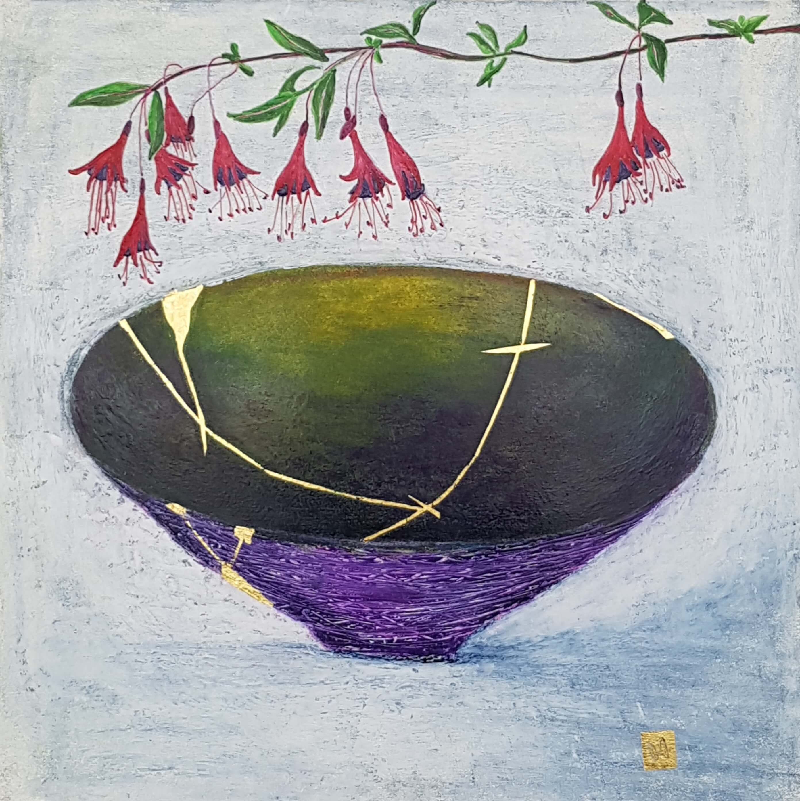 A kintsugi bowl painting with fuchsia flowers purple green gold