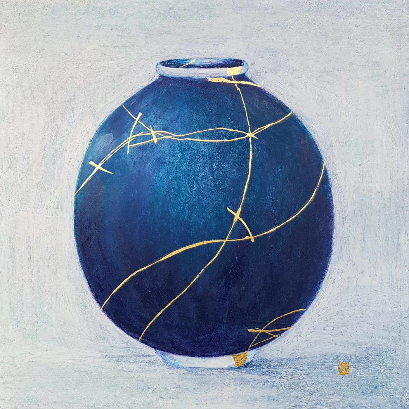 Contemporary large kintsugi vessel with gold repair –blue, teal, purple