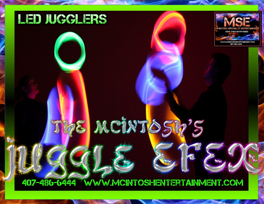 LED Juggling Entertainers booked for Main Stage Acts, Events, Theme Parks. www.mcintoshentertainment