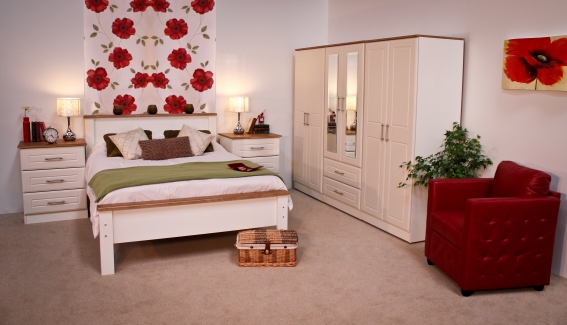 Blackwater Range:          Ivory coloured bedroom furniture with oak tops and stainless steel handle