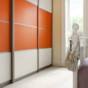 Sliding Wardrobes:               Nevis Lexus Sliding Wardrobe with Ivory & Orange Textured Panel