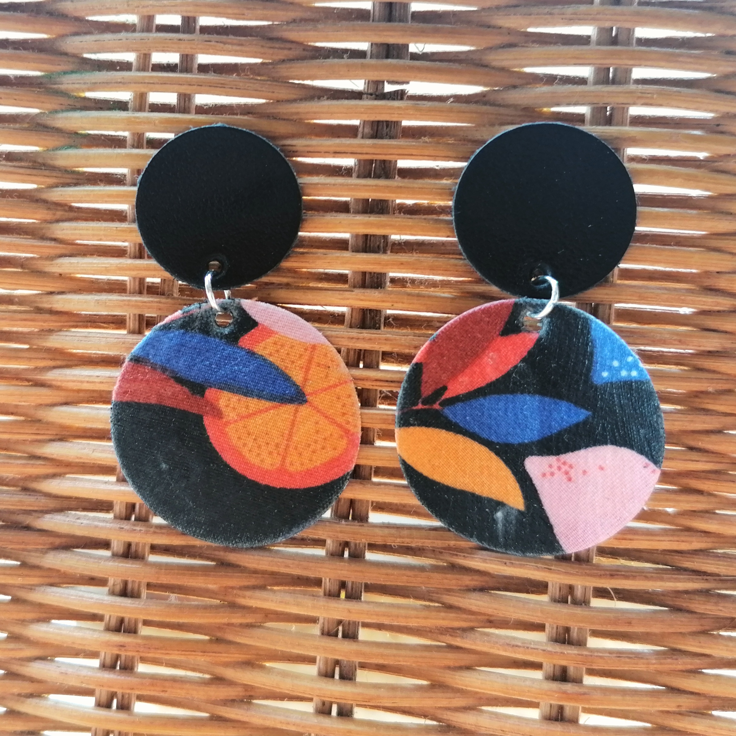 Recycled Vintage Fabric and Leather Stud Earrings- Black Fruity
