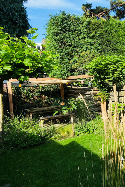 De pergola en de bolcatalpa's (die zijn verplaatst) belemmeren het uitzich en de inkijkmet de buren.