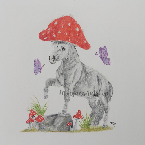 Pastel tekening van een paddenstoel pony
