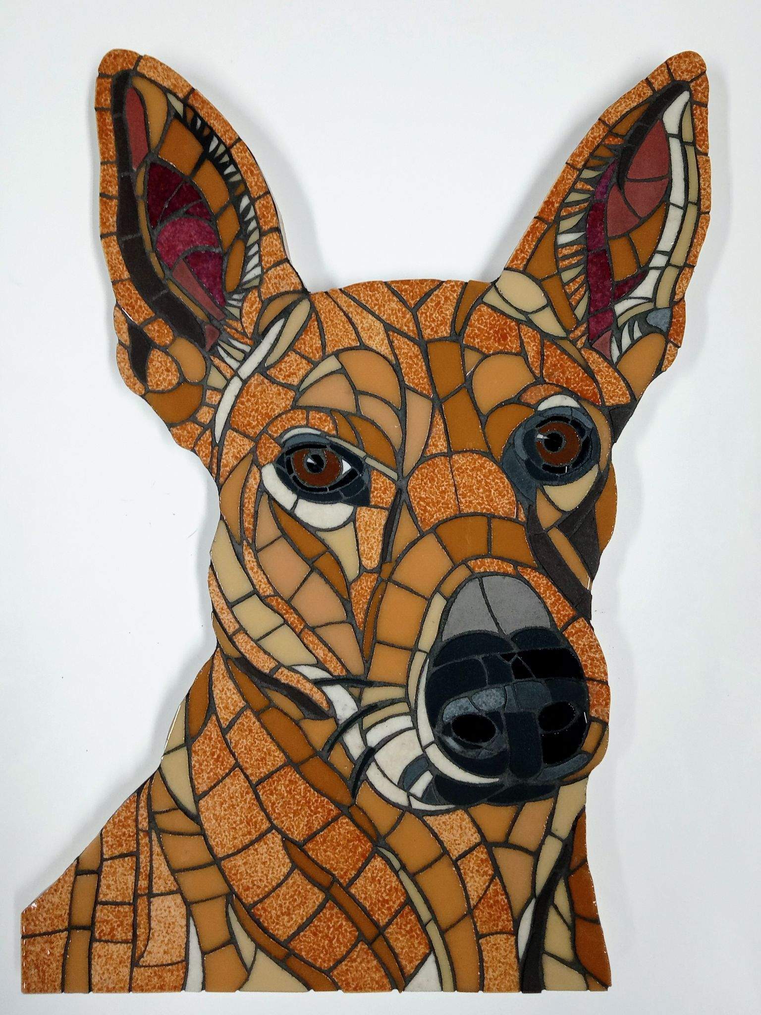 Mozaiekportret van een hond gemaakt met op maat geknipte mozaieksteentjes. De hond heeft bruin-oranje kleuren, de ogen zijn bruin.