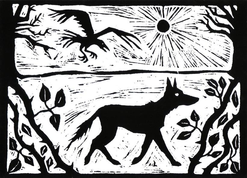 'Crow and Canine' lino print