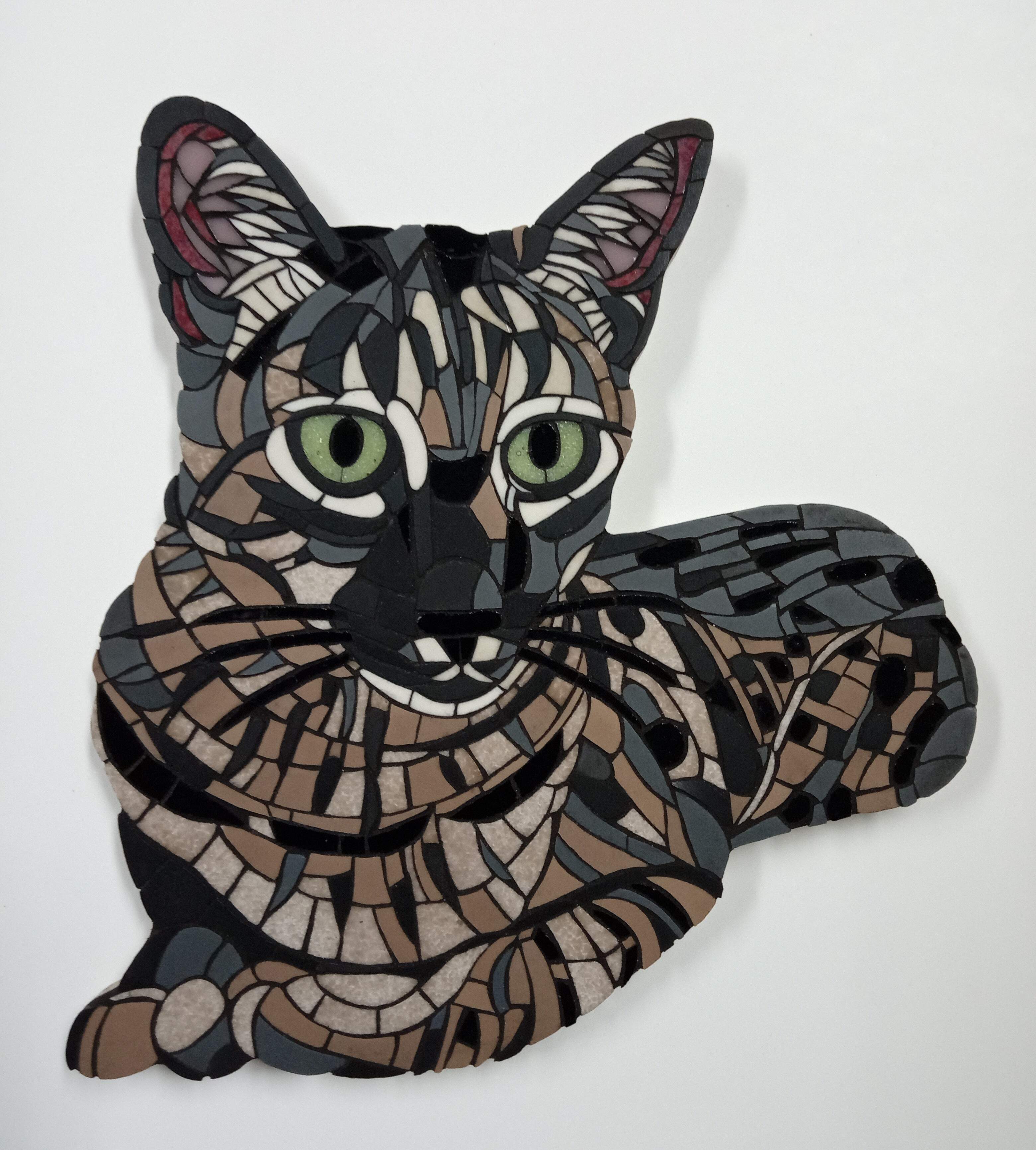 Mozaiekportret van een kat, in opdracht gemaakt.