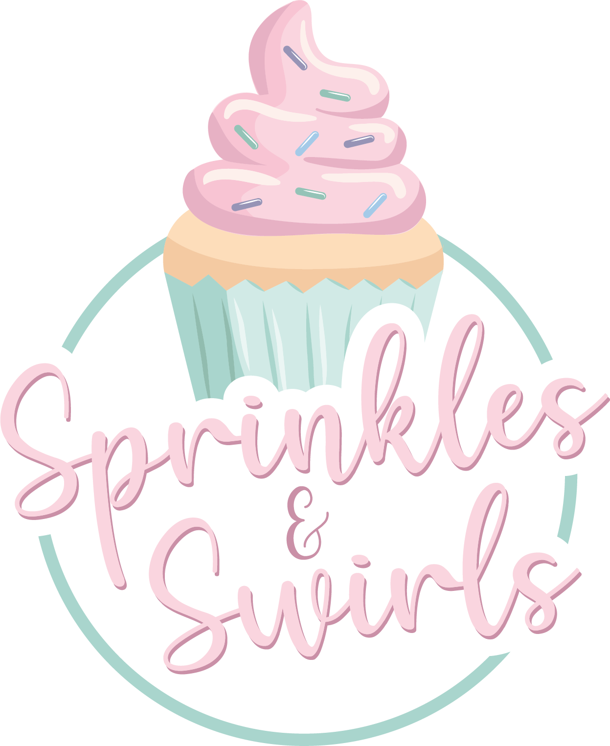 Logo with cupcake within a circle along with name, Sprinkles & Swirls