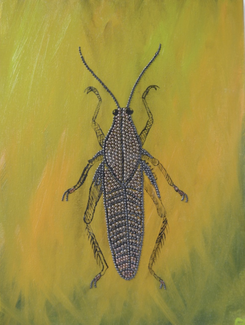 Bug painted in oil. Body is made out of brown pearls. 30x40 cm