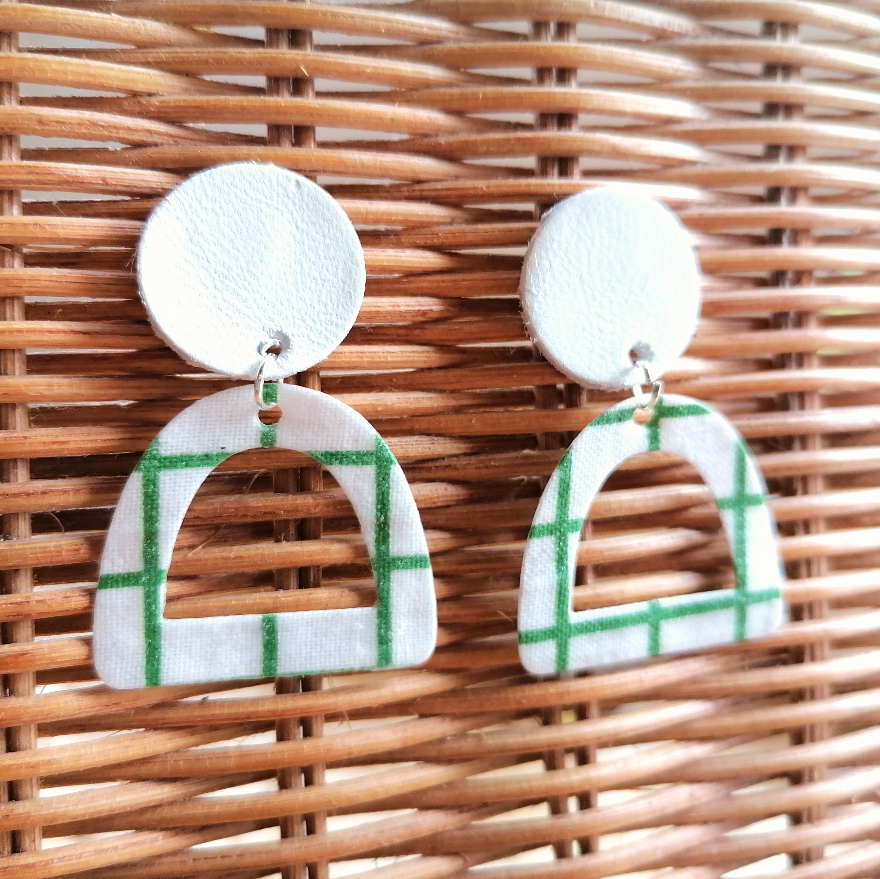 Recyled Vintage Fabric and Leather Stud Earrings- White and Green Grid