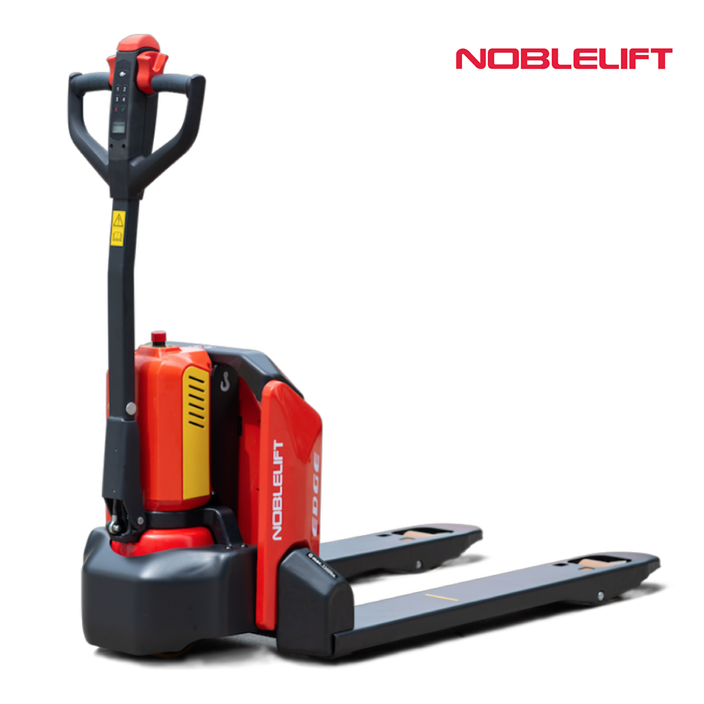 Black and red Noblelift 1500kg premium heavy duty electric pallet truck for euro pallets. Includes electric drive and lift for transport vehicles, warehouse, shop floor and mezzanine. This pallet truck comes with a 12 month warranty and discount on aftercare. We are Ireland best material handling equipment suppliers, based in Dublin.