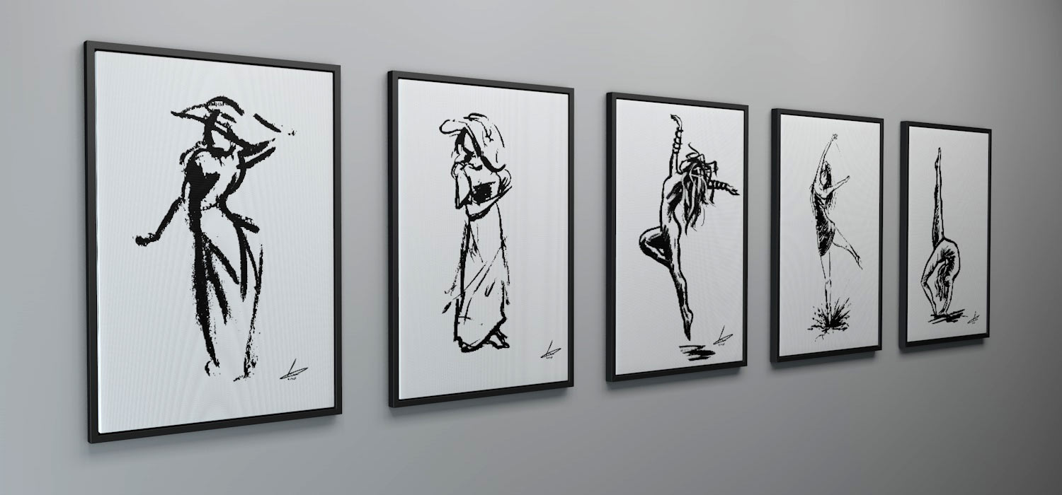 Serie van vijf - zwart wit dans - canvas met zwarte lijst