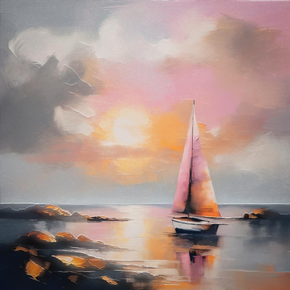 Zeilboot in zonsopkomst - roze oranje en warm grijs gekleurd