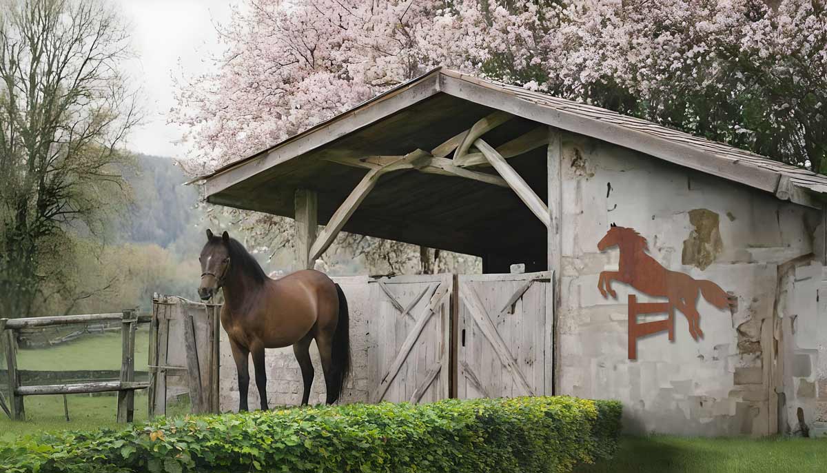 Cortenstaal paard springt over een hek