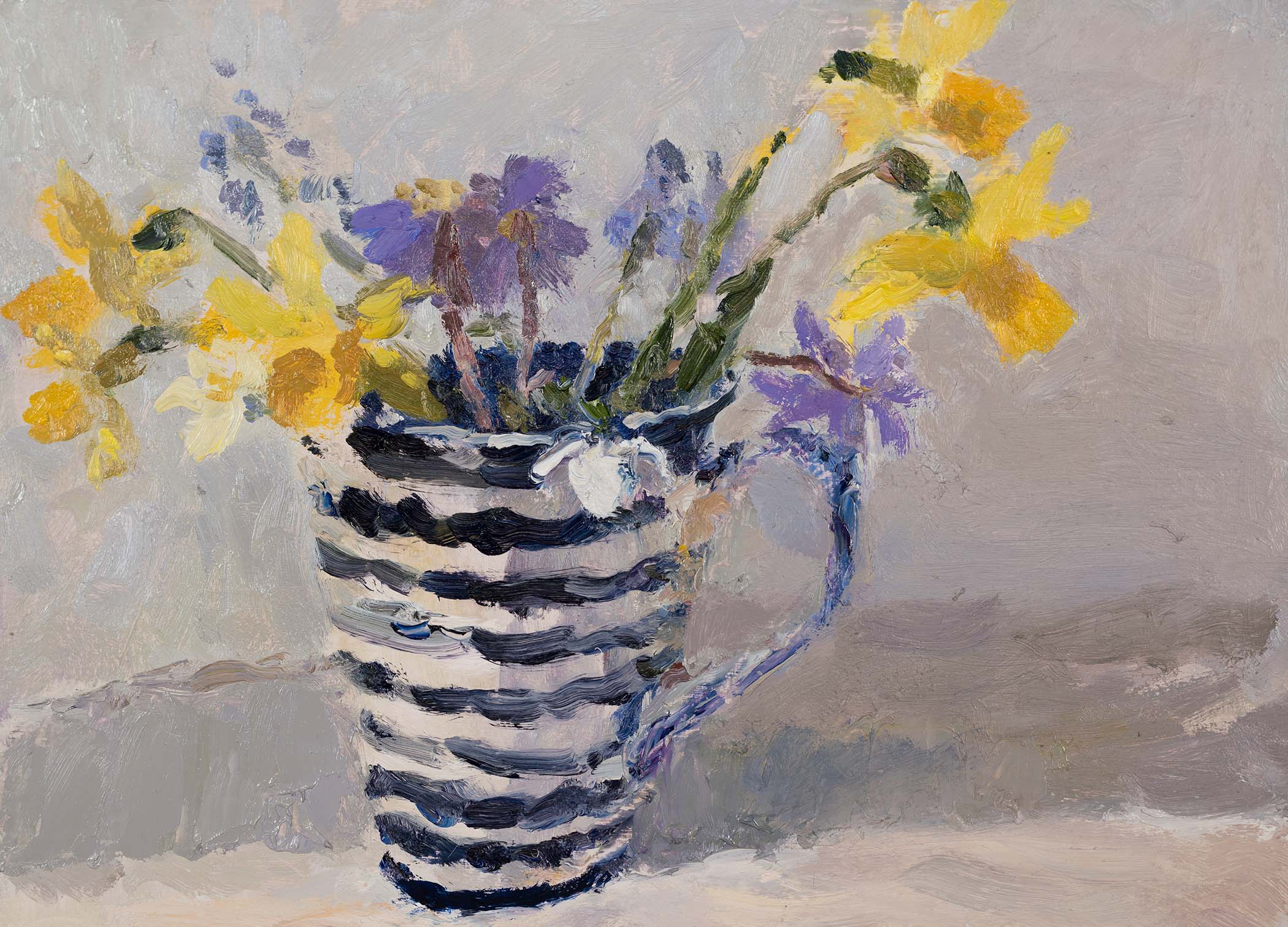 Snowdrop with Spring Flowers in a Striped Mug