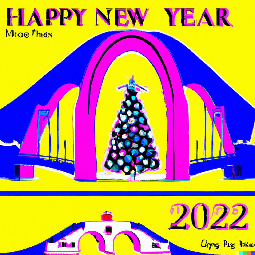 DALLE 2022-12-21 144555 - a andy warhol style christmas card for 2023 with a christmas tree christmas decorations and an illustration of an arch bridge png