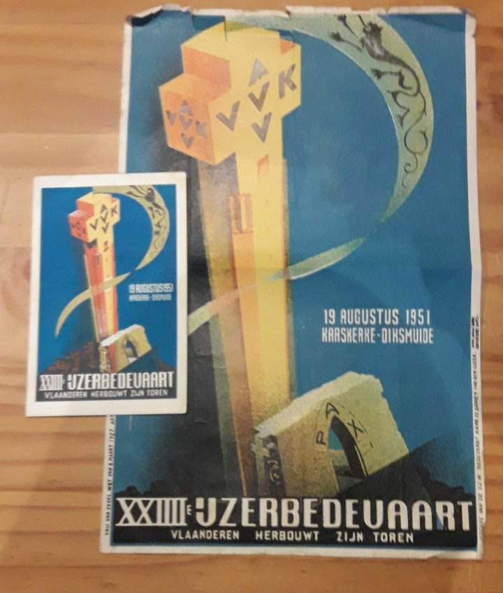 kleine affiche en postkaart Ijzerbedevaart 1951 - Vlaanderen herbouwt zijn toren
