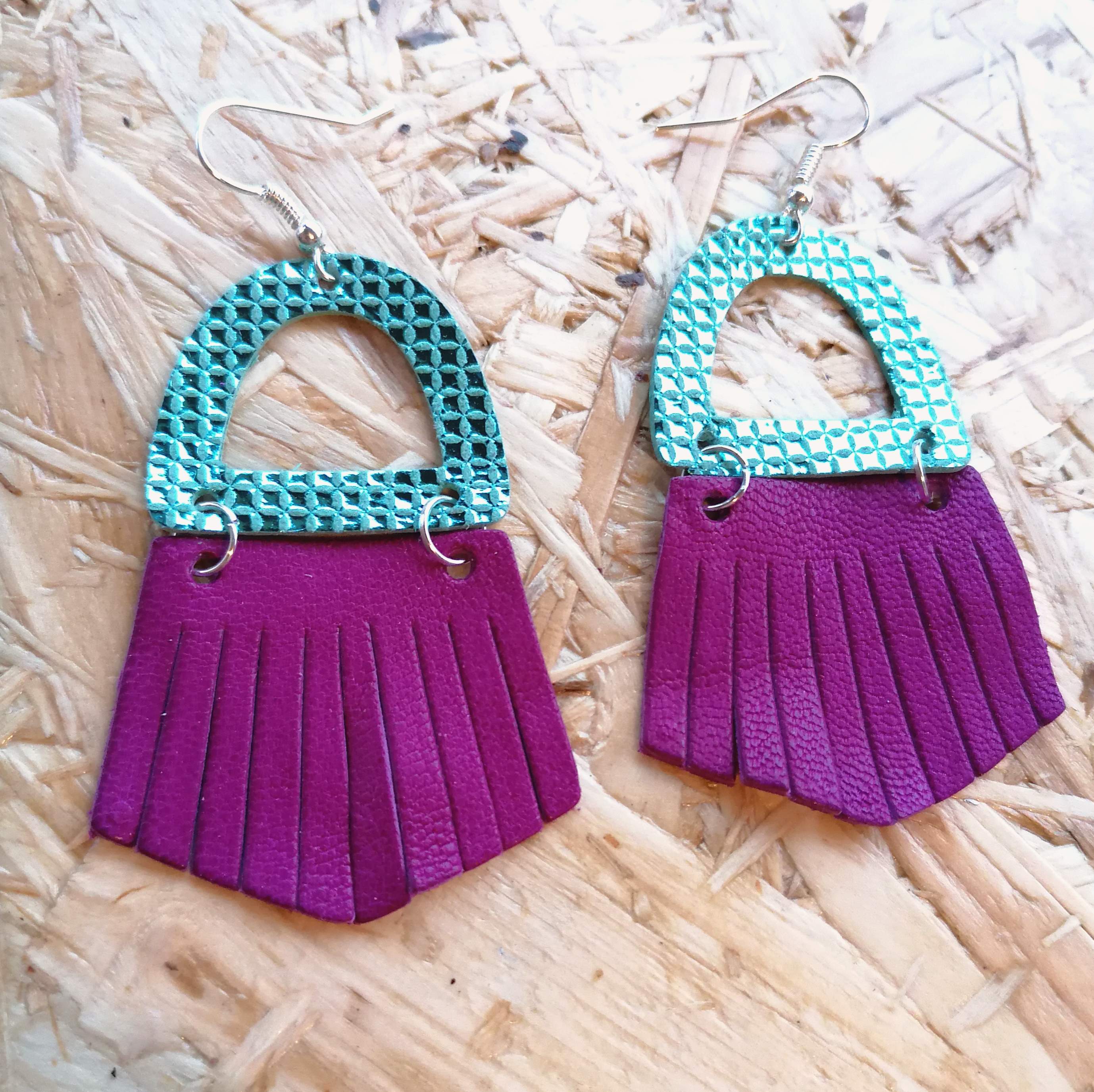 Shimmering Blue & Purple Fringed Recycled Leather Earrings