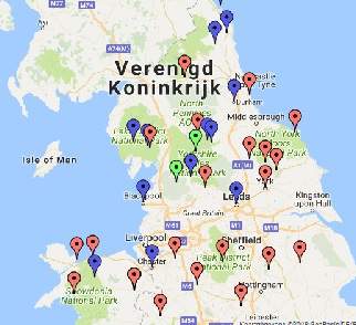 Nu kaart noord Engeland met bijzondere locaties