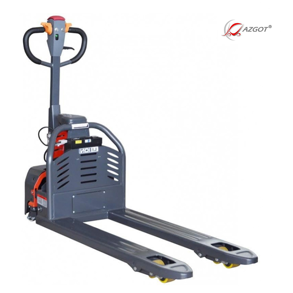 Red and grey Jazgot 1500kg Electric pallet truck for heavy pallets. Includes electric drive and lift for transport vehicles, warehouse, shop floor and mezzanine. This pallet truck comes with a 12 month warranty and discount on aftercare. We are Ireland best material handling equipment suppliers, based in Dublin.