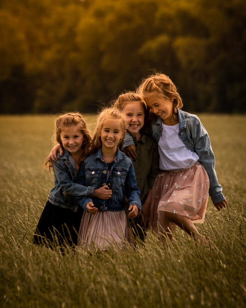 De pluszusjes Amber, Lory, Emma en Nynah samen poserend in het hoge gras