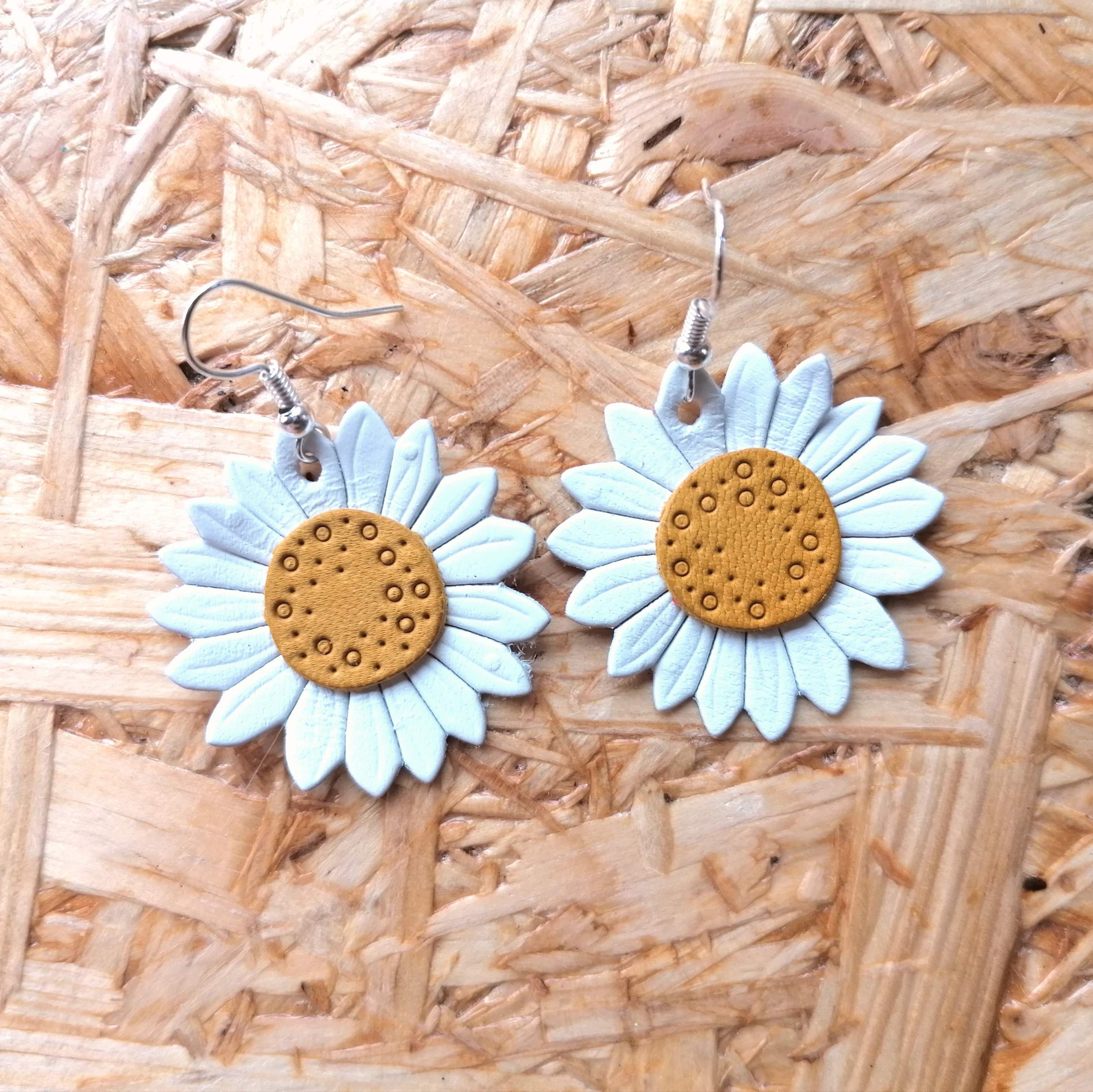 White and Yellow Leather Daisy Earrings on Silver Ear Hooks