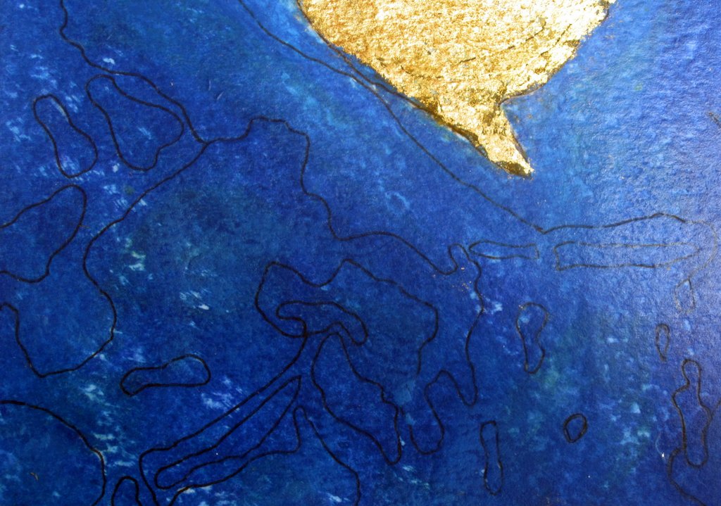 Abstract painting of a Wexford coastline in blue with gold leaf