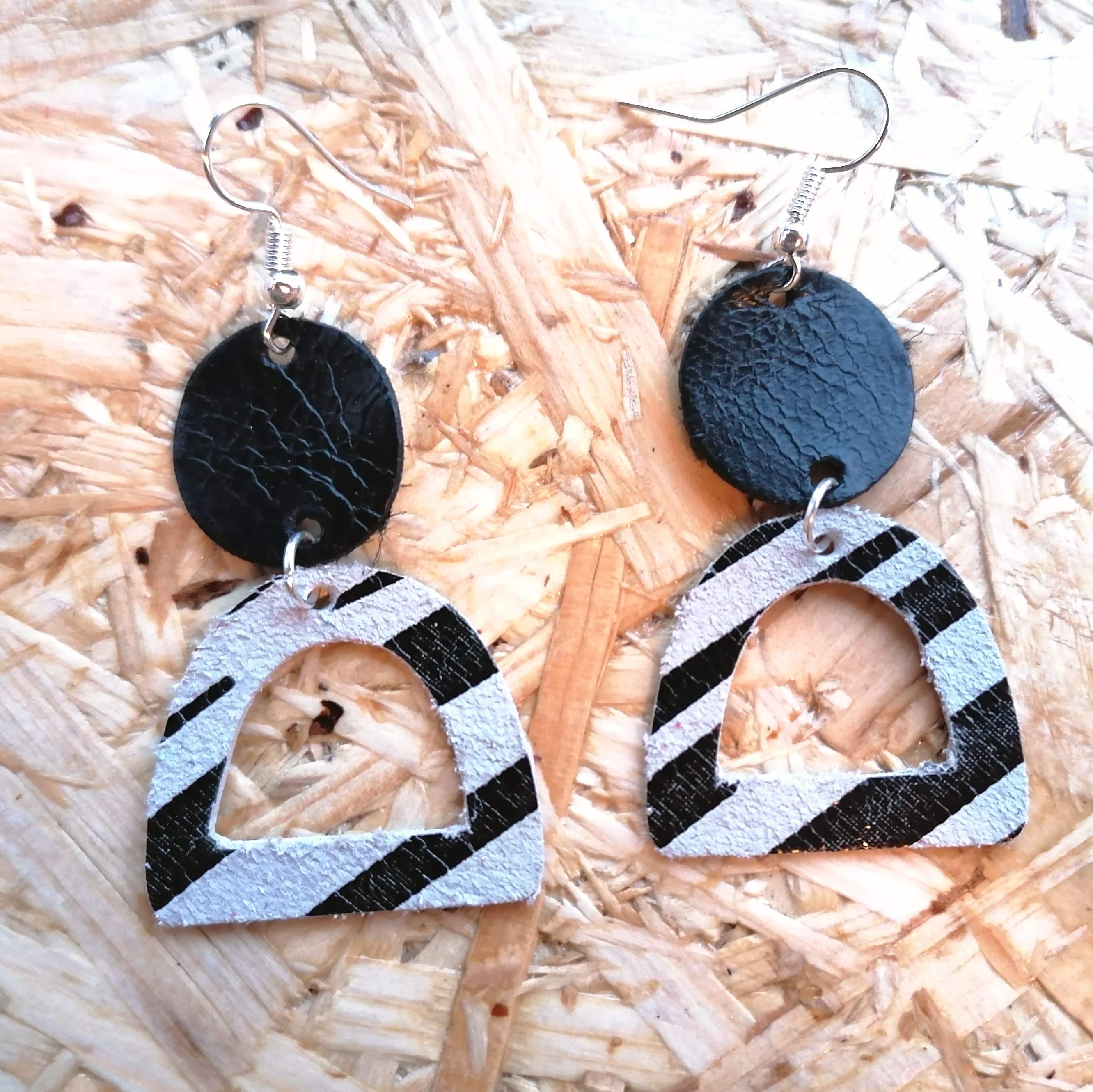 Black & Zebra Striped Recycled Leather Earrings