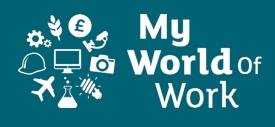 The teal blue logo of My World of Work with writing in white