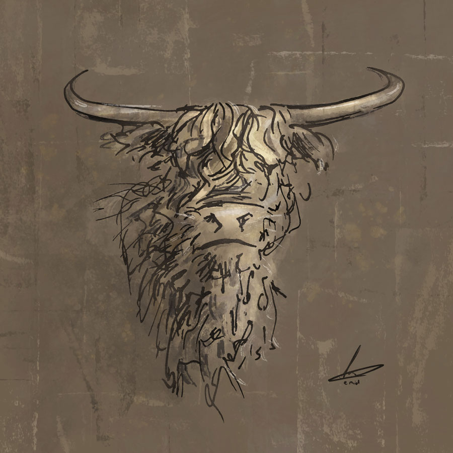 Schotse hooglander - bruin tinten - horizontaal houtskool tekening in kleur