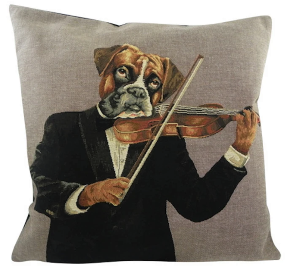 Gobelin sierkussen, hond met viool, een kussen uit de serie DOGS ORCHESTRA!