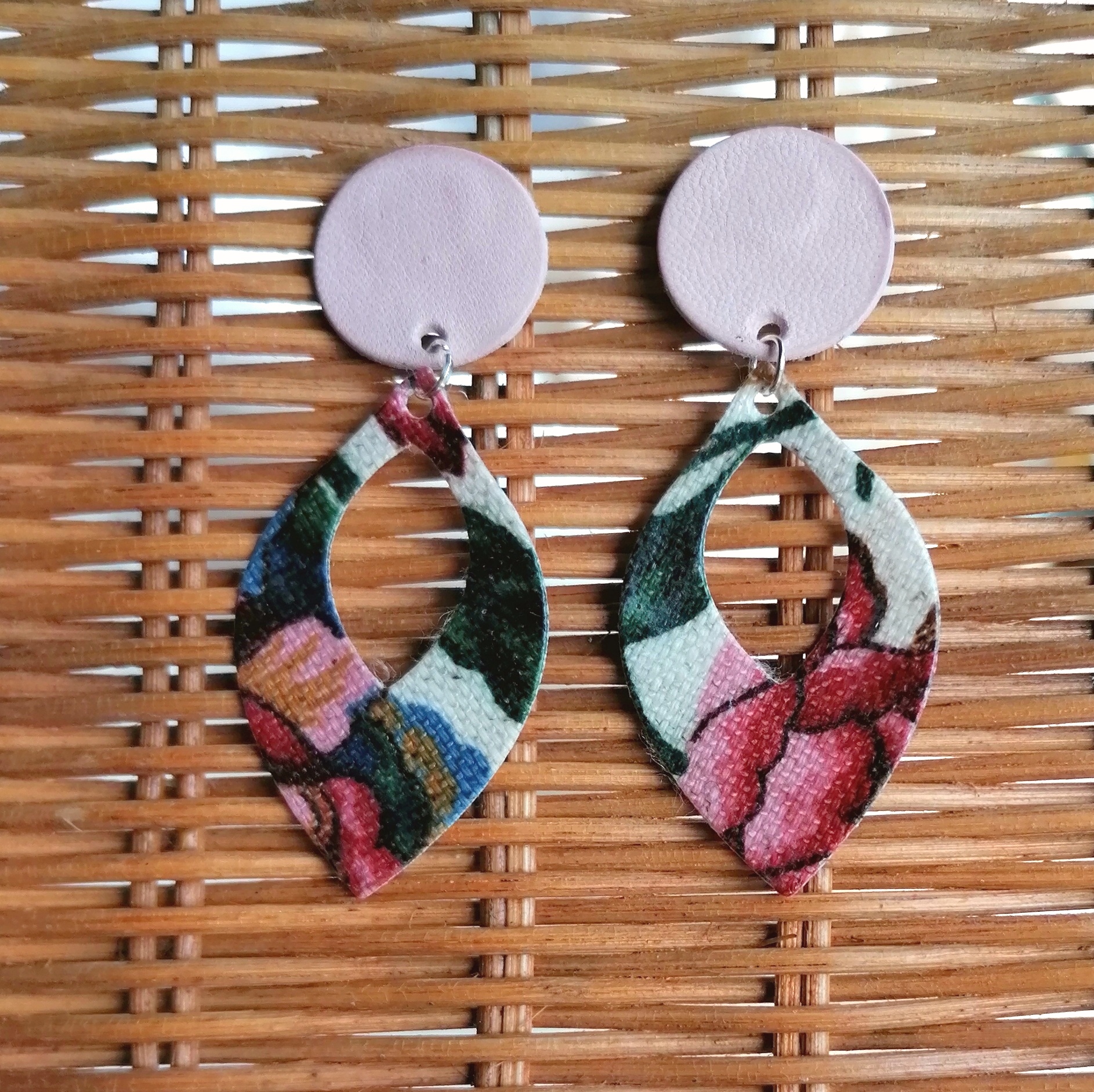 Recycled Vintage Fabric and Leather Stud Earrings- Pale Pink and Bold Floral