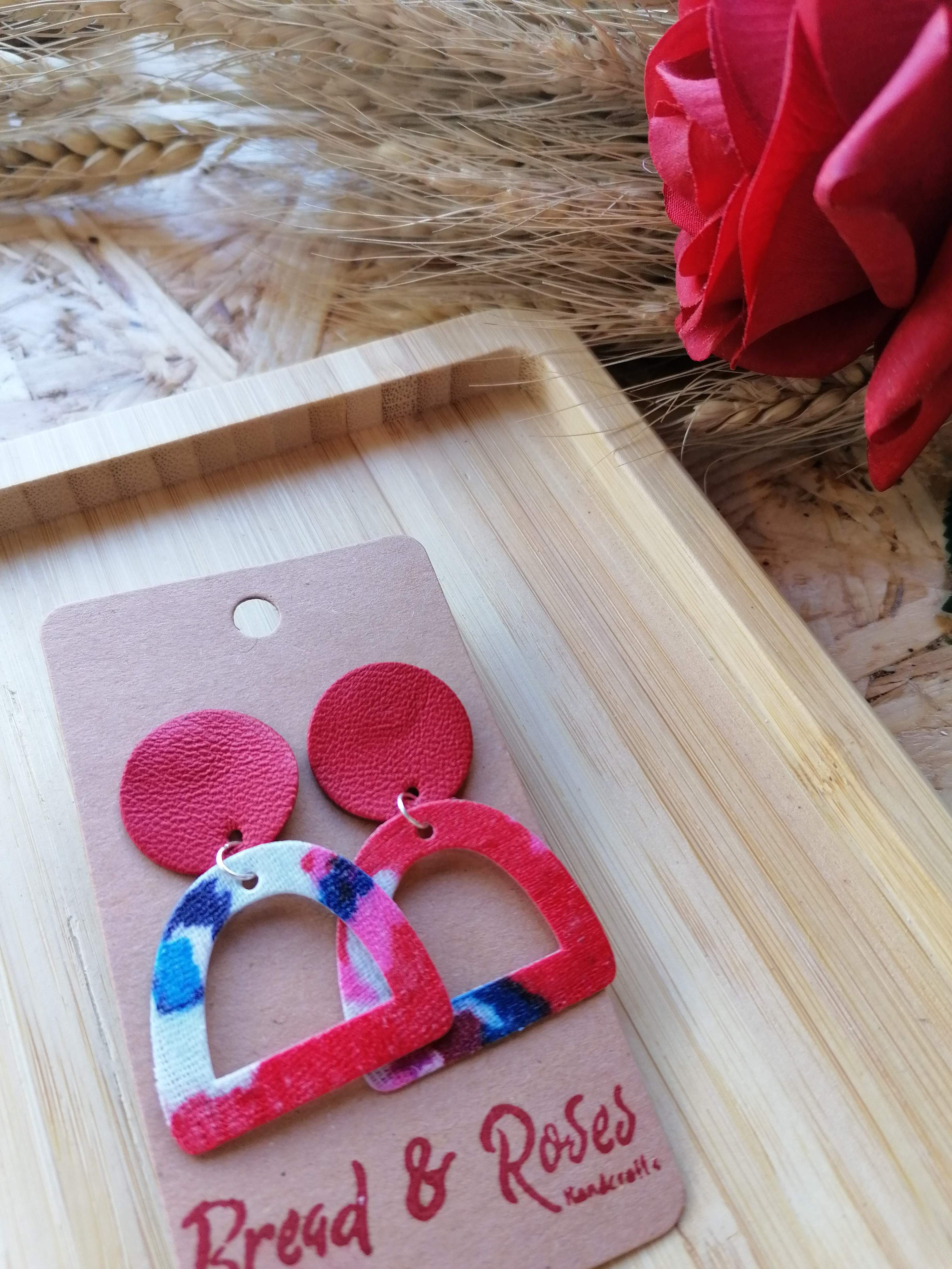 Recycled Vintage Fabric and Leather Stud Earrings- Red Blue White & Pink