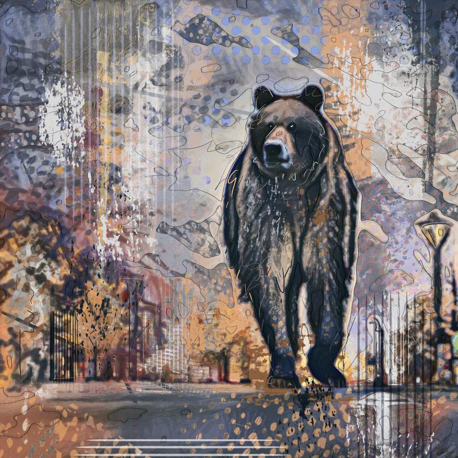 Grizzly beer in de stad - kleurige wanddecoratie