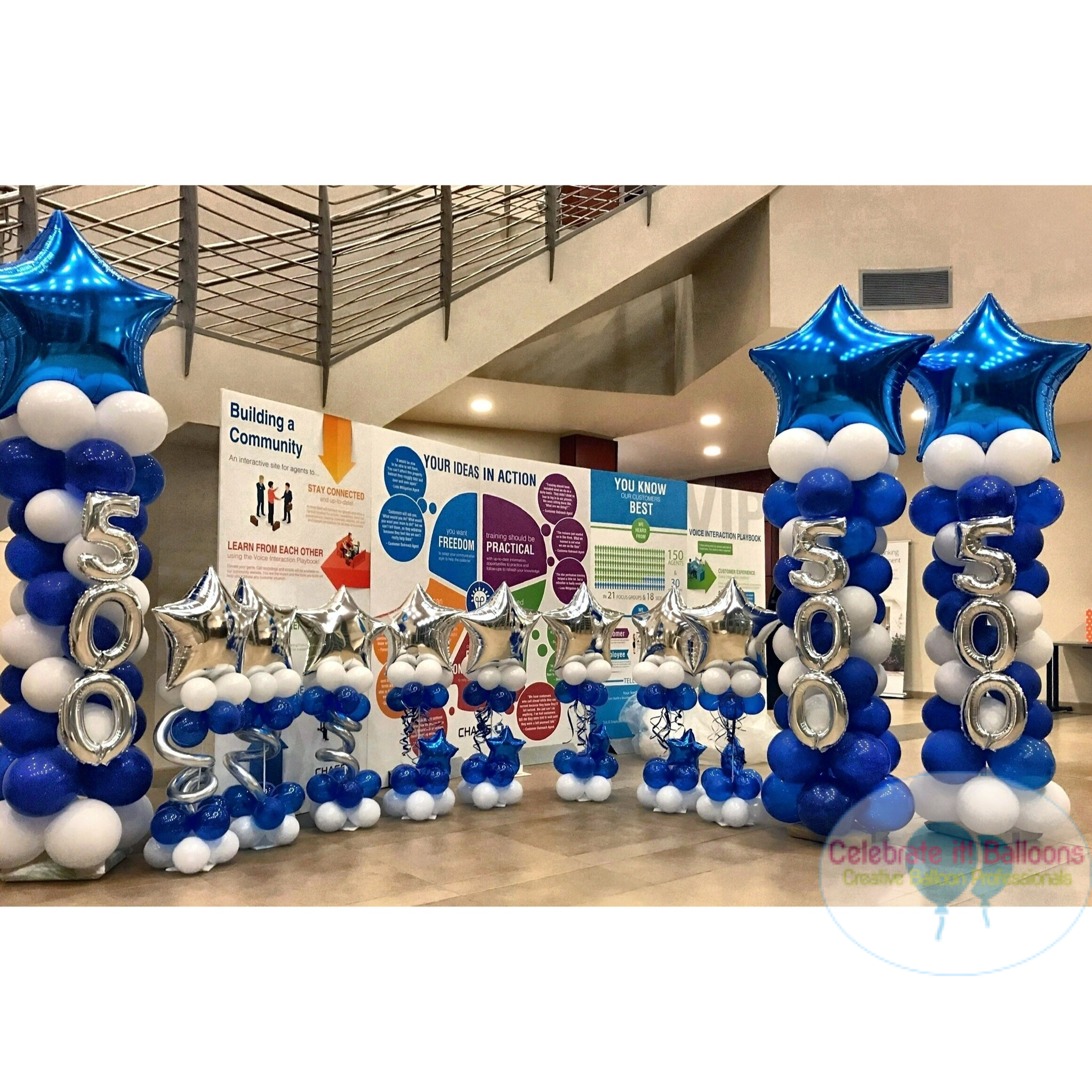 Royal blue, white and silver balloon centerpiece on a stand