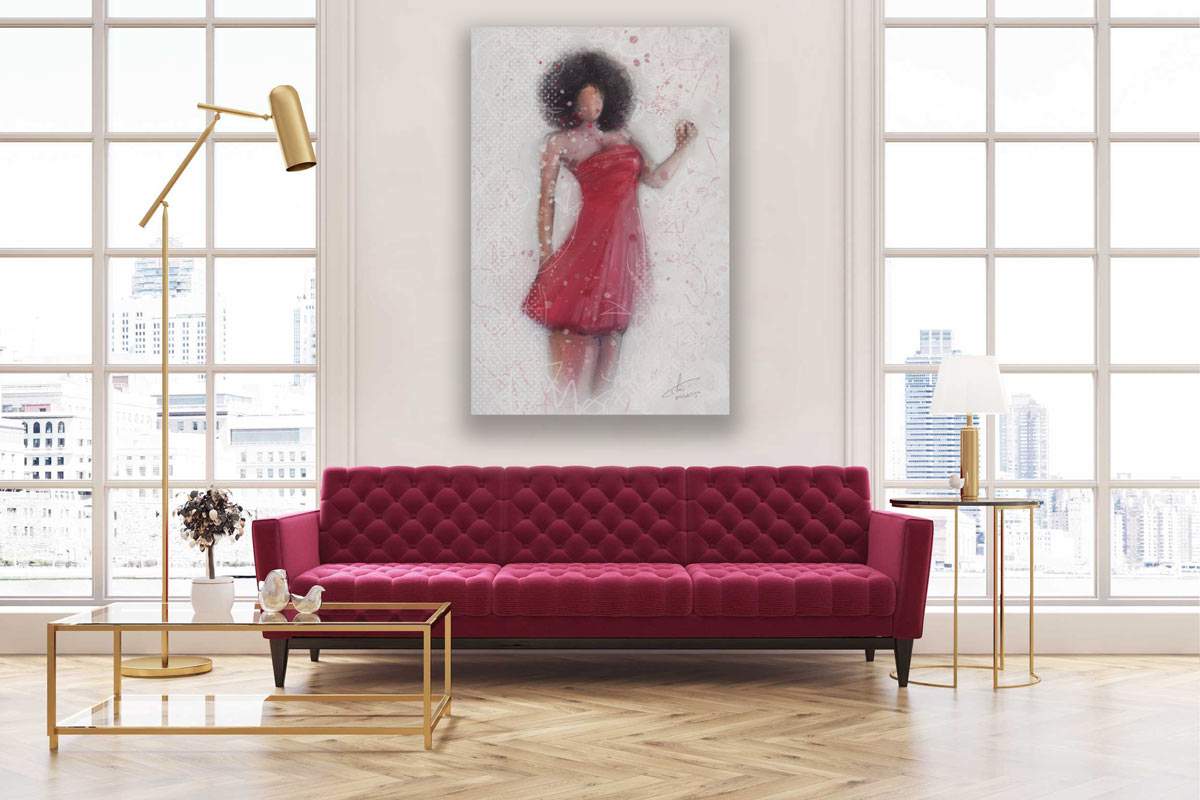 vrouw met rode jurk in abstracte stijl geschilderd