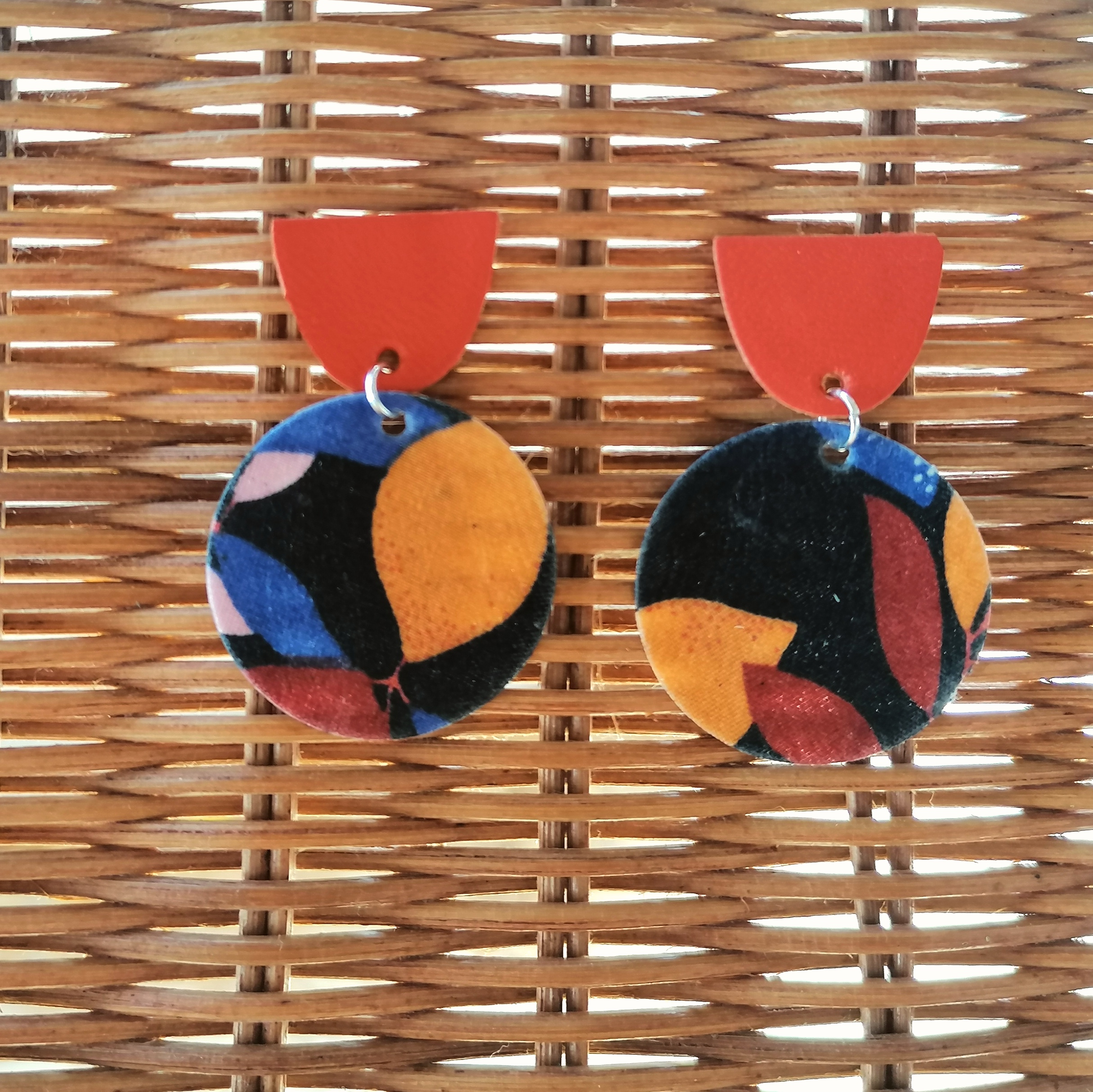 Recycled Vintage Fabric and Leather Stud Earrings- Orange, Black and Multi