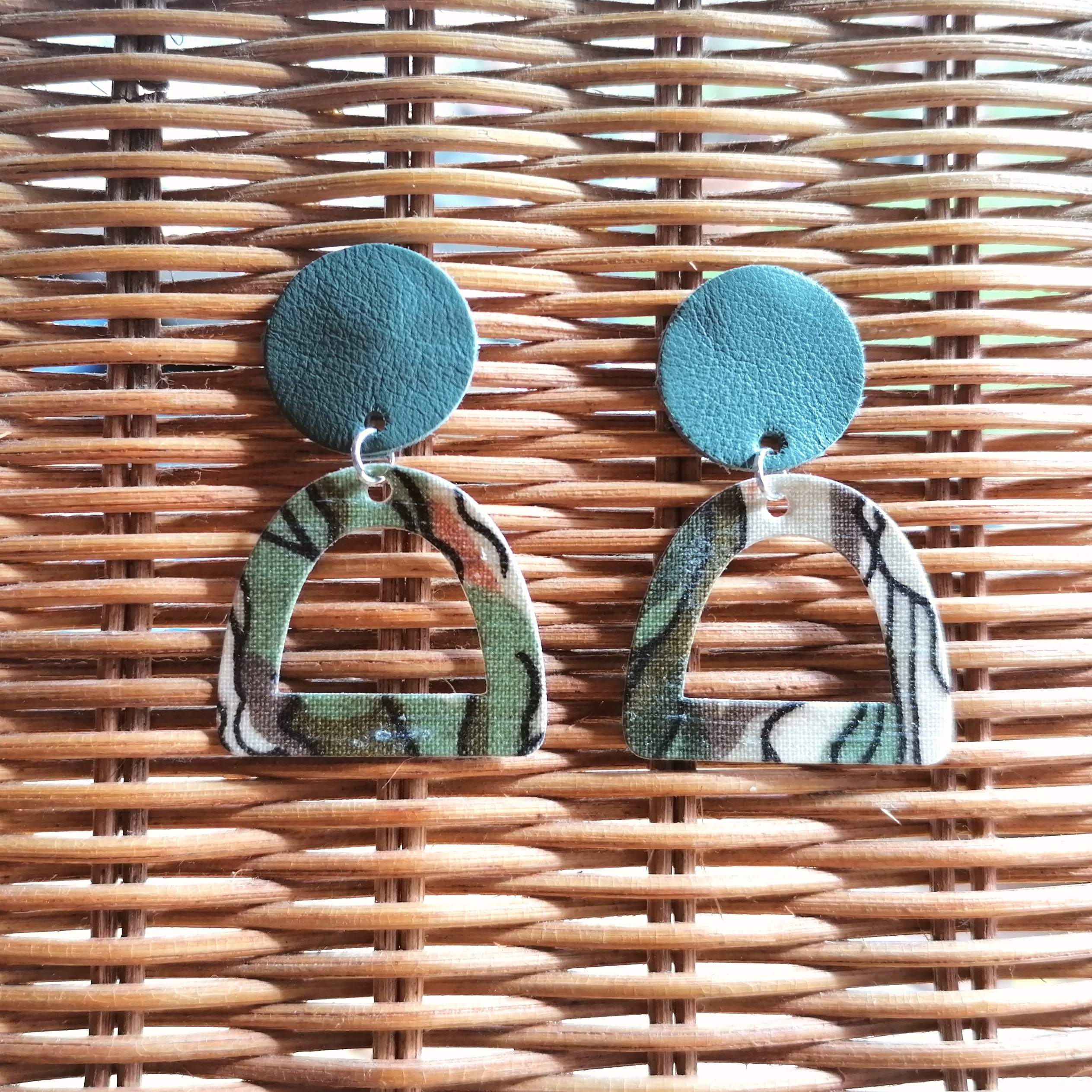 Recycled Vintage Fabric and Leather Stud Earrings- Natural Greens