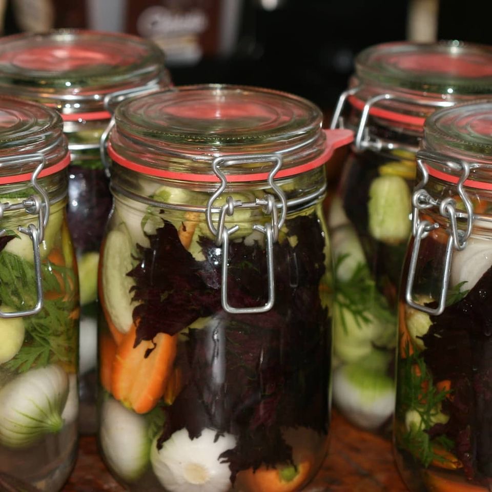Jars of vegetables from Tanguy's no-dig garden, at Dunmore Country School