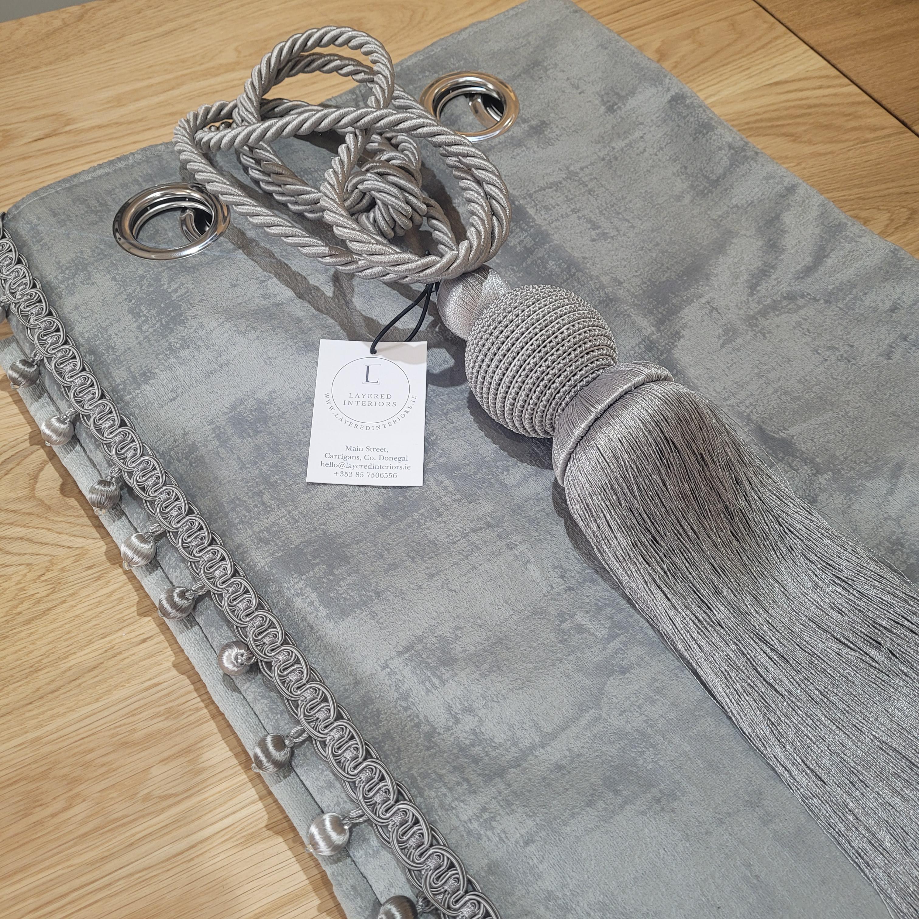 Grey Velvet Curtains with Braid & Tie Backs