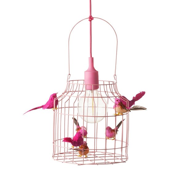 Roze vogelkooi lamp met 9 vogeltjes, small