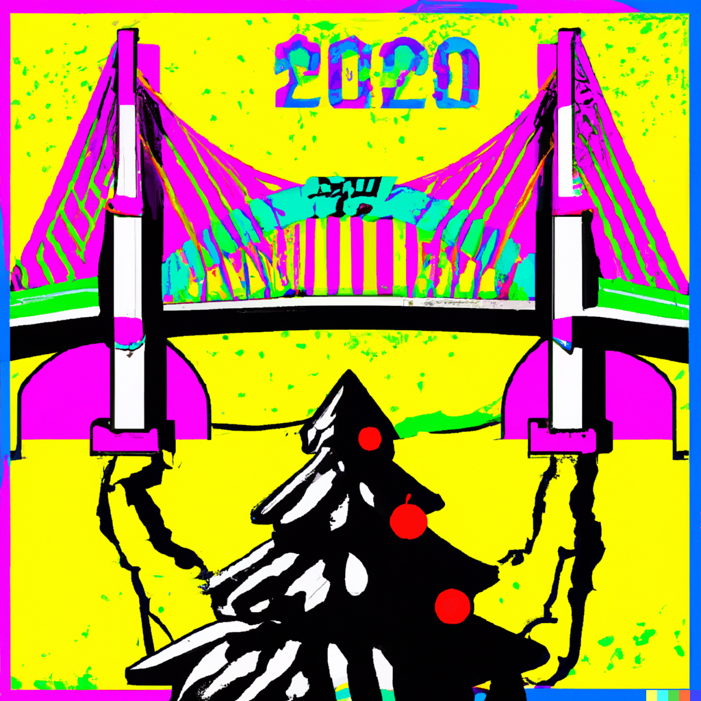DALLE 2022-12-21 144552 - a andy warhol style christmas card for 2023 with a christmas tree christmas decorations and an illustration of an arch bridge png