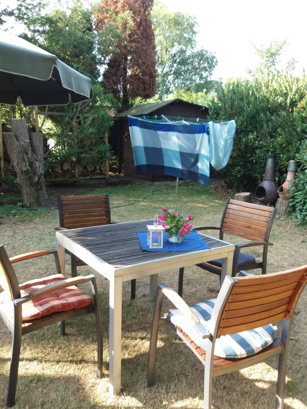 Zitje met op de achtergrond droogmolen met daarachter schuur met wasmachine.